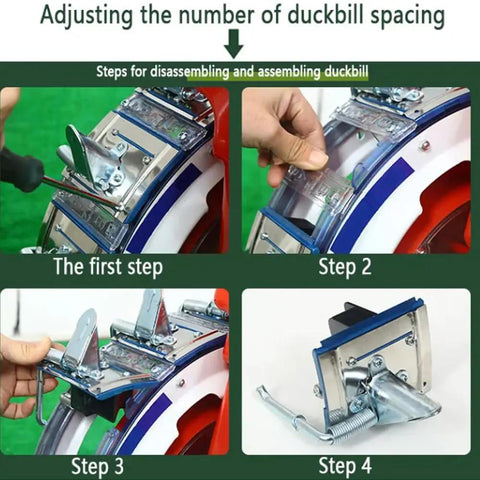 Steps for adjusting duckbill spacing on Walk Behind Garden Seeder With 16 Outlets For Easy No Fuss Planting, Manual Seed Planter