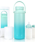 Portable Breast Milk Chiller With Two Bottles Insulated 22 Oz Cooler in blue with two bottles and an ice pack for moms on the go.