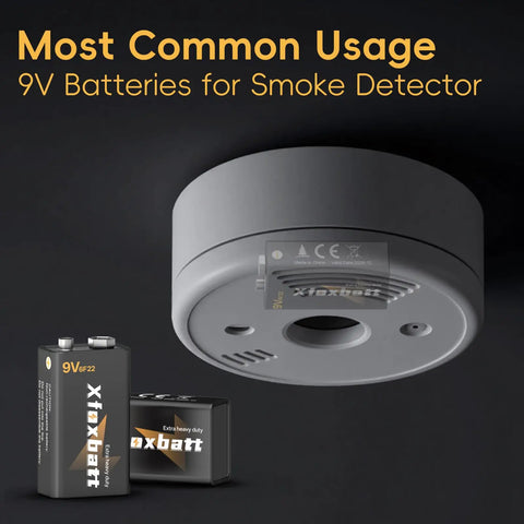 Long-Lasting 9V Carbon Zinc Batteries 6F22 Pack of 4 with smoke detector usage illustration