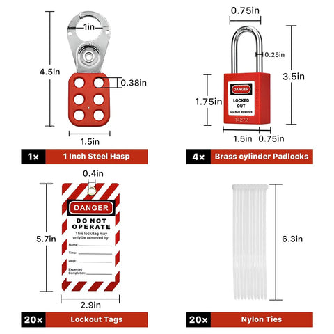 Heavy-Duty Lockout Tagout Station Kit With 4 Brass Cylinder Safety Padlocks, Hasp And OSHA Compliance Tags, All-In-One LOTO Board For Industrial Safety showing components with dimensions.