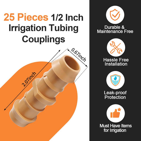 Copadri 25-piece 1/2-inch barbed drip irrigation tubing couplings, beige plastic, front view