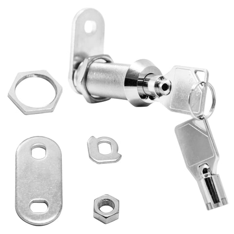 Slick Chrome Tubular Cam Lock Two Pack Including Keyed Alike Keys And One Point Five Inch Cylinder For RV Camper Cabinets and storage lockers.