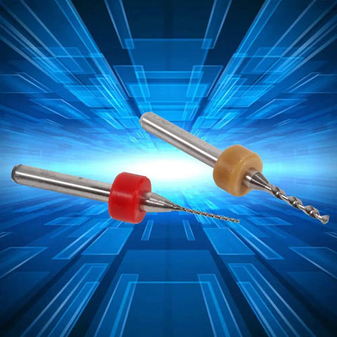 Close-up of two carbide drill bits from the Ten Piece Set Of 0.6 To 1.5mm Pro Grade Carbide Drill Bits Cemented Carbide Mini Micro Bits.
