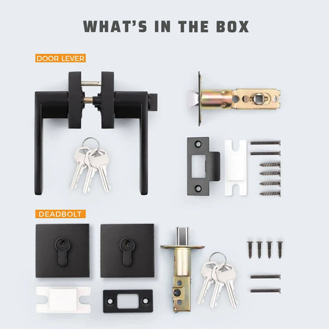 Two Pack Keyed Entry Door Lever And Deadbolt Set With Reversible Left Or Right Handles Built Tough Heavy Duty Matte Black Vintage Design Keyed Alike Easy DIY Installation parts layout.