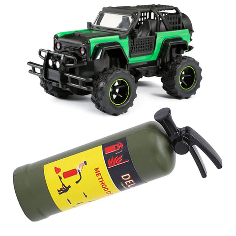 Top Tier RC Car Mini Fire Extinguisher Slick Simulation Decoration Lightweight Portable Accessory With Adhesive Stickers For Clean Vehicle Customization And Road Ready Setup showcasing green RC car with extinguisher prop.