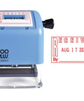 Self Inking Date Stamp Featuring Received Plus Date Readout And Bold Red Ink On Heavy Duty Plastic Body With Twist Calendar Knob For Zero Hassle Adjustments While Long Lasting Cartridge nails every mark, showing date setting clearly.