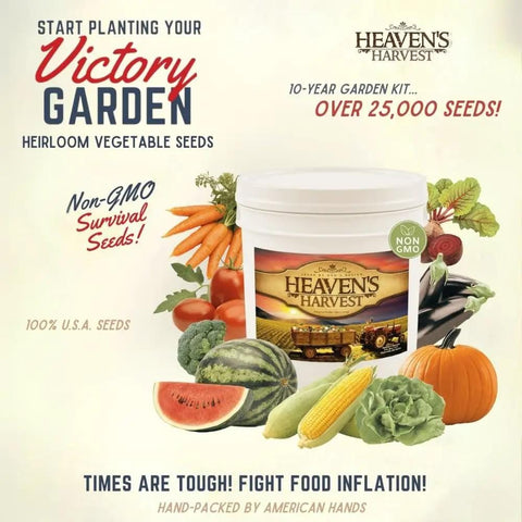 Heaven's Harvest seed bucket with vegetables, labeled 10 Year Survival Garden Seed Kit With 25K Plus Open Pollinated Heirloom Veggies Non GMO Waterproof Mylar Seed Bank Bags Free Clydes Garden Planner And Seed Vault Storage Drum Essential Homestead Seed Collection For Prep And Planting