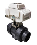 Rock-Solid DN65 PVC Electric Actuator Ball Valve 50MM Motorized 220V Water Control Plastic Pipe Fitting side view.