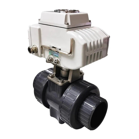 Rock-Solid DN65 PVC Electric Actuator Ball Valve 50MM Motorized 220V Water Control Plastic Pipe Fitting side view.
