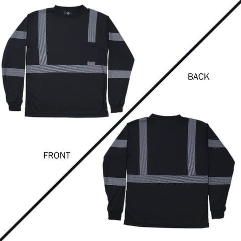 Hi Vis Safety Long Sleeve Shirt ANSI Class 2 Reflective Construction Workwear For Men Women Black 2XL front and back view