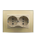Sleek Dual European Wall Socket Featuring Heavy Duty Tempered Glass Panel And Built In Child Safety Shutters Slick Gold Plate