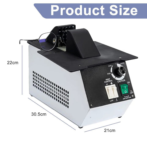 High Wattage Eyeglasses Frame Heater With Hot Cold Air Toggle For Rapid Frame Adjustments And Quick Snap Ins Adjustable Temperature Optician Repair Kit No Fuss Flex Gear showcasing product dimensions and controls.