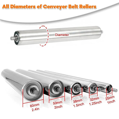 Heavy Duty Pack Of 5 Conveyor Rollers Made From Durable Stainless Steel For Industrial Use shown in various diameters and lengths.