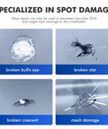 Close-up view of four types of windshield cracks: broken bull's eye, star, crescent, and mesh damage for DIY Windshield Crack Repair Kit With Quick Chip Resin And Pressure Syringe For Sunroofs, Trucks, Lenses, Doors, Windows And Even Furniture Tables, Fast Fix, Durable Seal, No Mess, Clear Finish In Minutes.
