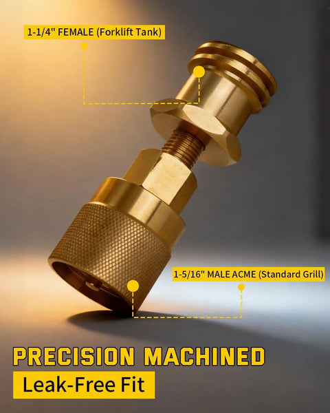 Heavy Duty Forklift Propane Adapter Swaps 1-1/4 Inch Female To 1-5/16 Inch Male Acme Fitment close-up showing brass connector.