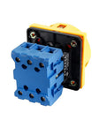 2 Position Changeover Rotary Switch SYW30 25A 660V With 6 Terminals, rear view, showing blue terminal connectors and yellow casing