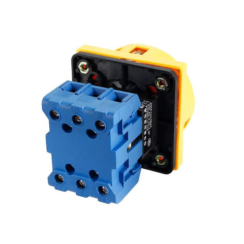 2 Position Changeover Rotary Switch SYW30 25A 660V With 6 Terminals, rear view, showing blue terminal connectors and yellow casing