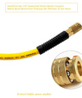 Heavy Duty 3/8 Inch By 25 Ft Hybrid Air Compressor Hose With Kink Resistant Build And Solid Brass Male Fittings showing connector detail.