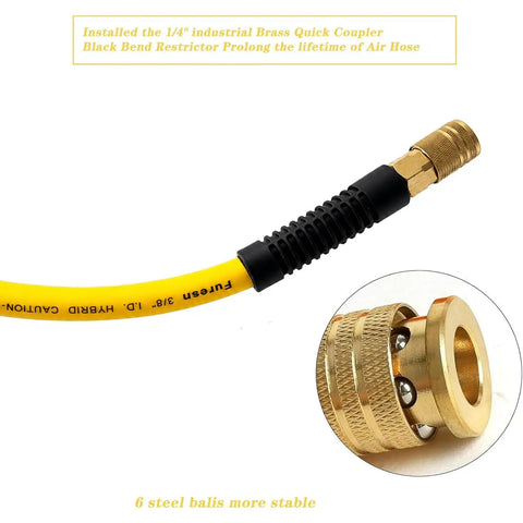 Heavy Duty 3/8 Inch By 25 Ft Hybrid Air Compressor Hose With Kink Resistant Build And Solid Brass Male Fittings showing connector detail.