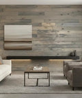 Pro Grade Reactive Water Based VOC Free Wood Stain For Pine used on rustic interior wall in modern living room.
