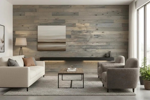 Pro Grade Reactive Water Based VOC Free Wood Stain For Pine used on rustic interior wall in modern living room.
