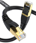 DbillionDa Cat8 Ethernet cable, 6 ft, black with gold-plated RJ45 connectors, dual-ended close-up view