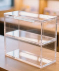 Top Shelf Clear Acrylic Folding Hinges 4 Pack Smooth Piano Wire Style Hardware For Craft Boxes Diy Book Binding Streamlined Setup Zero Fuss Installation Transparent Finish clear acrylic box on wooden surface.