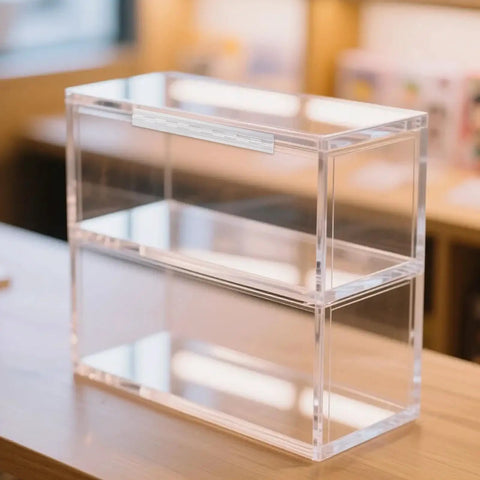 Top Shelf Clear Acrylic Folding Hinges 4 Pack Smooth Piano Wire Style Hardware For Craft Boxes Diy Book Binding Streamlined Setup Zero Fuss Installation Transparent Finish clear acrylic box on wooden surface.