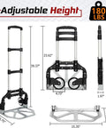 Folding telescoping hand truck with adjustable height and wheels for easy transport, supports 180 lbs, perfect for travel and moving boxes.