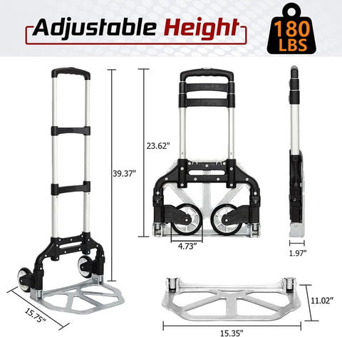 Folding telescoping hand truck with adjustable height and wheels for easy transport, supports 180 lbs, perfect for travel and moving boxes.