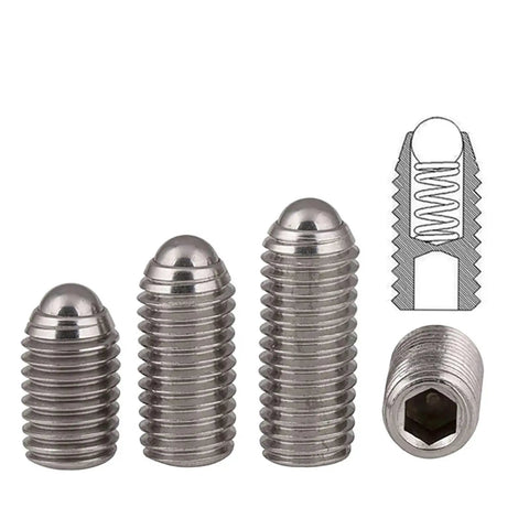 Premium 304 Stainless Steel Ball Plunger Set Screws Featuring A Slick Hex Socket And Burr Free Finish, assorted sizes in a pack of 10.