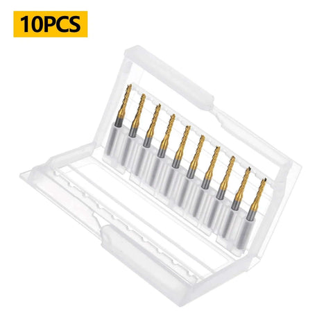 WEXWE 10-piece TiN-coated solid carbide end mills, 2.0 mm diameter, 1/8" shank in clear plastic case