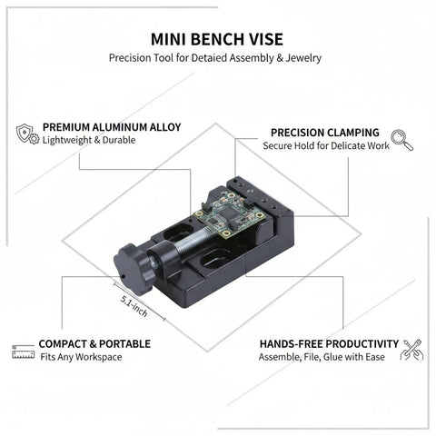 Compact Aluminum Alloy Bench Vise Clamp for Precision Crafts, 5.1-inch size, holds delicate work securely for hands-free assembly.