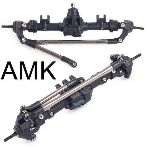 AR44 Front And Rear Nylon Axle Set With Metal Front Reverse Bevel Gear For One Tenth RC Crawler SCX10 II 90046 47 RGT 86100 Upgrade For Strength And Realistic Handling displayed separately on white background.