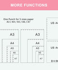 Diagram of paper sizes for Mushroom Discbound Hole Punch For Four Holes Adjustable Paper Puncher showcasing A3, A4, A5, A6, A7 format compatibility.