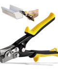 Snap Lock Punch Tool For Sheet Metal 9-Inch End Cap Crimper with yellow handles in use on siding corner