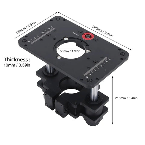 Top Shelf Router Table Lift System Featuring Smooth 65 Mm Height Adjustment And Hassle Free Inverted Mounting For Serious Woodworkers Building Custom Furniture, 240mm x 150mm aluminum mounting plate with gauges.