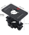 Heavy Duty Aluminum Router Table System Featuring Smooth Electric Lift Design showing precise router plate with dimensions and mounting options.