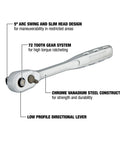 One Half Inch Quick Release Ratchet With Slim Head, 72 Tooth Gear, 5 Degree Swing, Ergonomic Handle, auto repair tool displayed