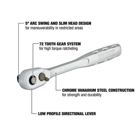 One Half Inch Quick Release Ratchet With Slim Head, 72 Tooth Gear, 5 Degree Swing, Ergonomic Handle, auto repair tool displayed