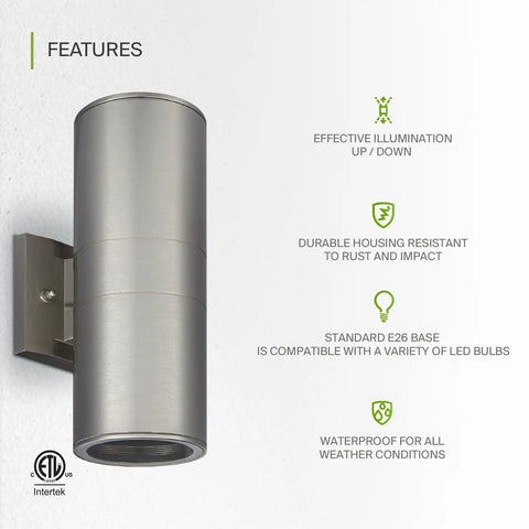 Two Light Outdoor Wall Light Fixtures Dope Dual Up Down Cylinder Sconce 120V E26 Sockets Weatherproof Steel Exterior Lighting For Front Door Porch Patio Works With LED CFL Incandescent Bulbs 2 Pack