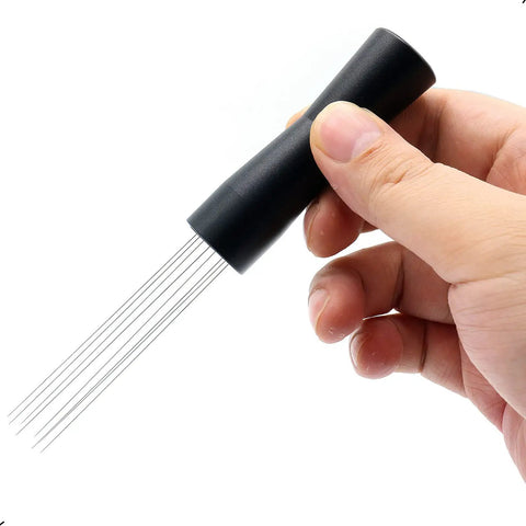Hand holding Espresso Coffee Stirrer Tamper And Needle Type WDT Distribution Tool, 304 stainless steel, black finish, 5.9 inch length