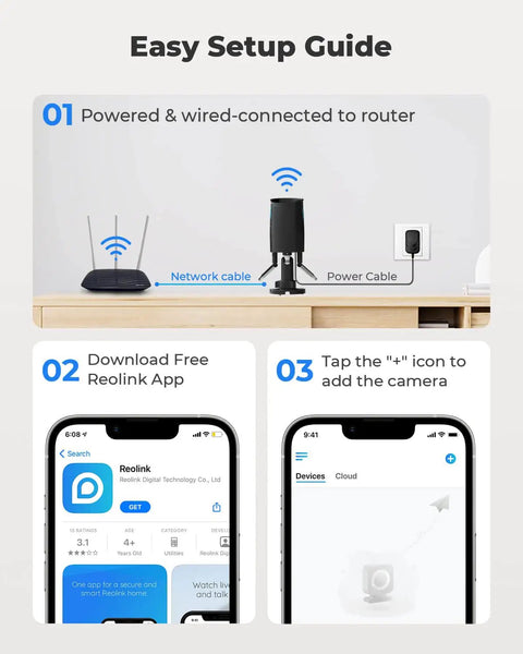 Setup guide for Outdoor 4MP WiFi Security Camera With Night Vision And IP66 Weatherproof Build showing connection and app download.