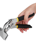 Heavy Duty Hand Seamer with Curved Handle Design and Compound Leverage, shown in hand, Chromium Vanadium Steel, for Sheet Metal Roofing and Siding