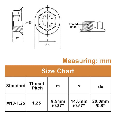 50 Pcs Hex Flange Nuts M10 X 1.25mm Stainless Steel 304 Serrated Flange Lock Nuts Bright Finish Deep Full Thread Heavy Duty for Auto Marine and DIY Projects size chart