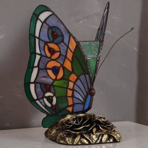 Butterfly Dope Tiffany Style Stained Glass Accent Table Lamp Night Light Handmade With Hand Cut Glass And Durable Metal Base 10 Inch Tall E12 Bulb Not Included, showing colorful butterfly design and metal base
