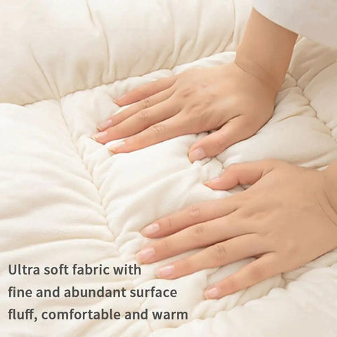 Hands pressing on soft Dutch velvet cushion showing texture and comfort of Desk Chair Cushion With Removable Cover Soft Seat Pad For Home Office 35.4 By 19.7 Inches Velvet Back Support Dorm Chair And Rocking Chair Pad Breathable Dutch Velvet Fabric For All Day Comfort And Cozy Feel