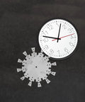 Transparent Acrylic Clock Template Set For Woodworking Router Projects And DIY Wall Dial Stencils displayed beside a wall clock.