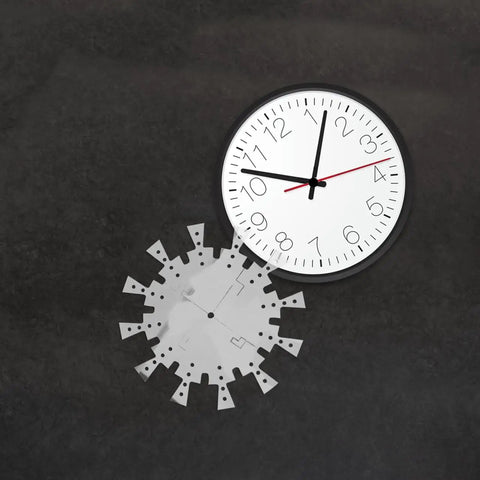 Transparent Acrylic Clock Template Set For Woodworking Router Projects And DIY Wall Dial Stencils displayed beside a wall clock.
