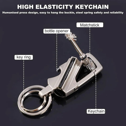 3 In 1 Infinity Lighter With Multitool Keychain Bottle Opener Reusable Waterproof Permanent Match Fire Starter shown in silver and black.